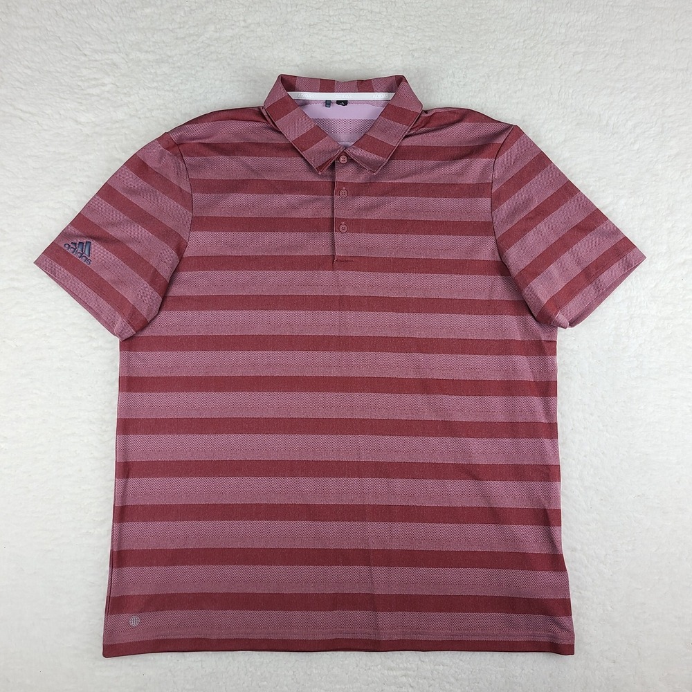Adidas Polo Shirt Mens Large Red Striped Performance Golf Short Sleeve
